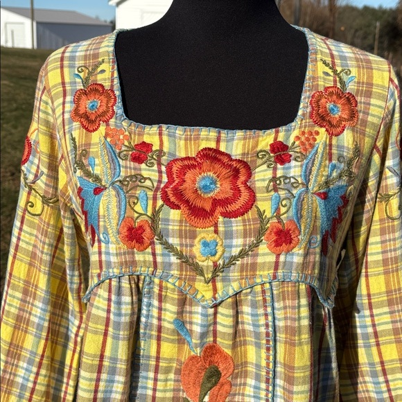 Sister Mary Yellow Blue Plaid Floral Embroidery BoHo 3/4 Sleeves Tunic Blouse Lg - Picture 3 of 11